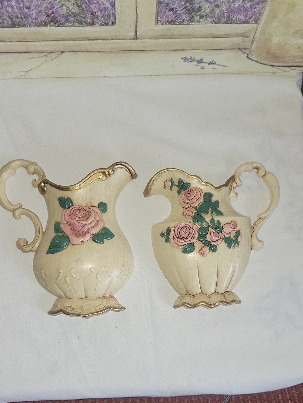 Vintage Home Interior Pink Rose Shabby Chic Pitcher Wall Plaques Set